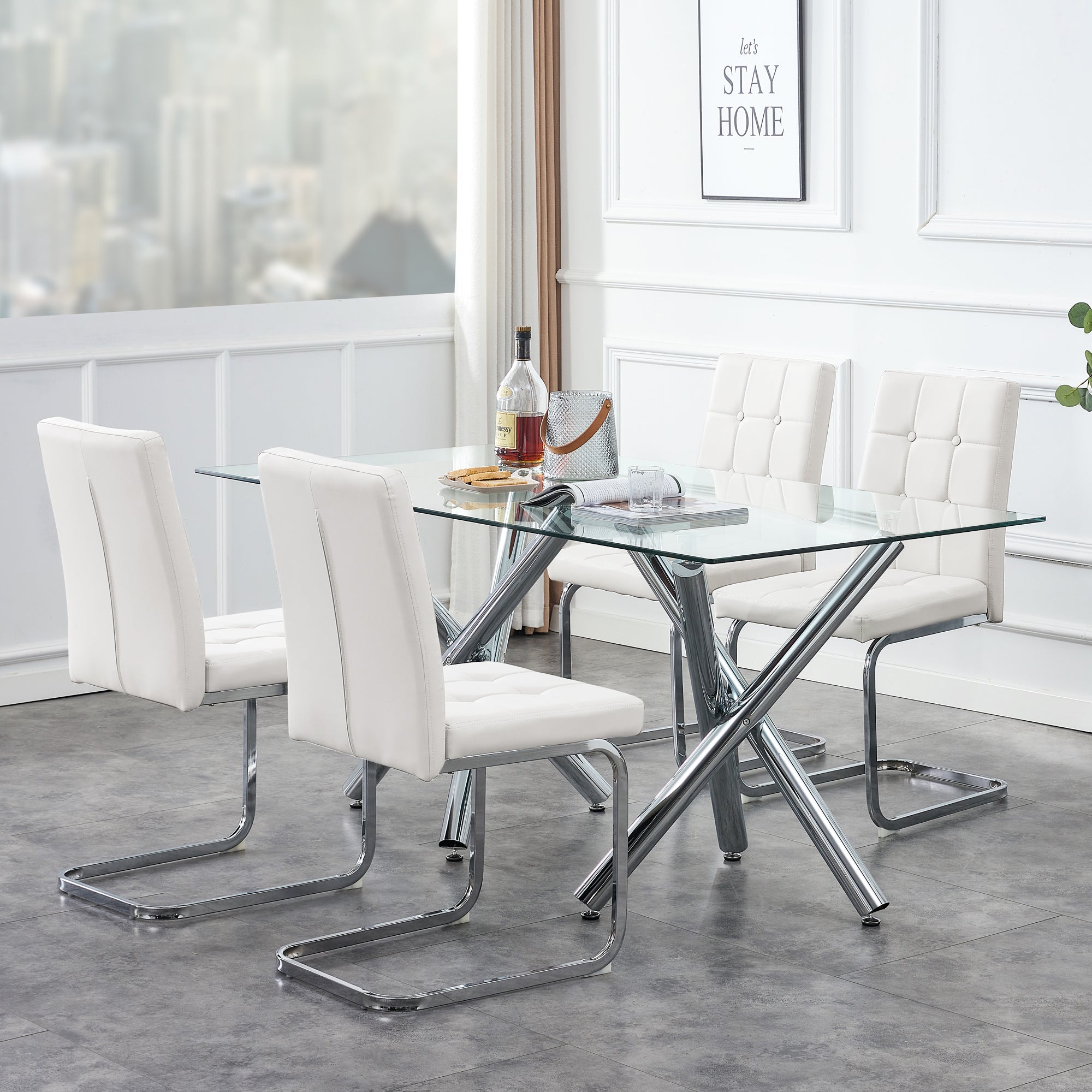 Modern Style Dining Chairs with Inset Buttons, C-shaped Tube Plating Metal Legs (Set of 2) - White