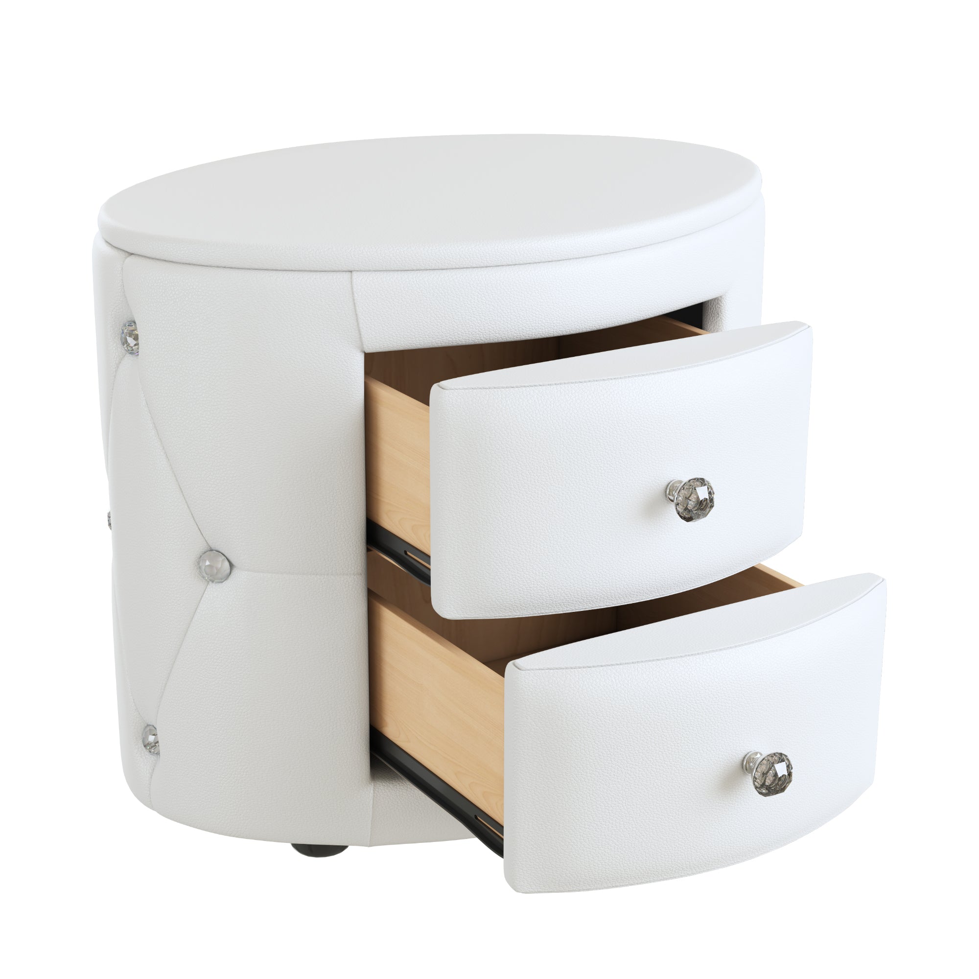 Elegant PU Nightstand with 2 Drawers and Crystal Handle, Fully Assembled Except Legs & Handles, Storage Bedside Table - White
