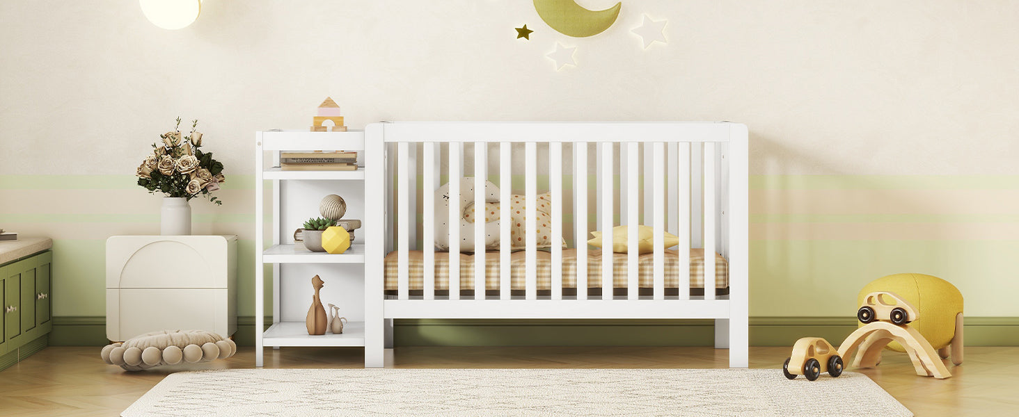 Convertible Crib/Full Size Bed with Changing Table - White