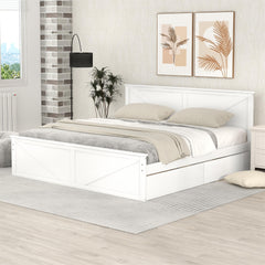 King Size Wooden Platform Bed with Four Storage Drawers and Support Legs - White