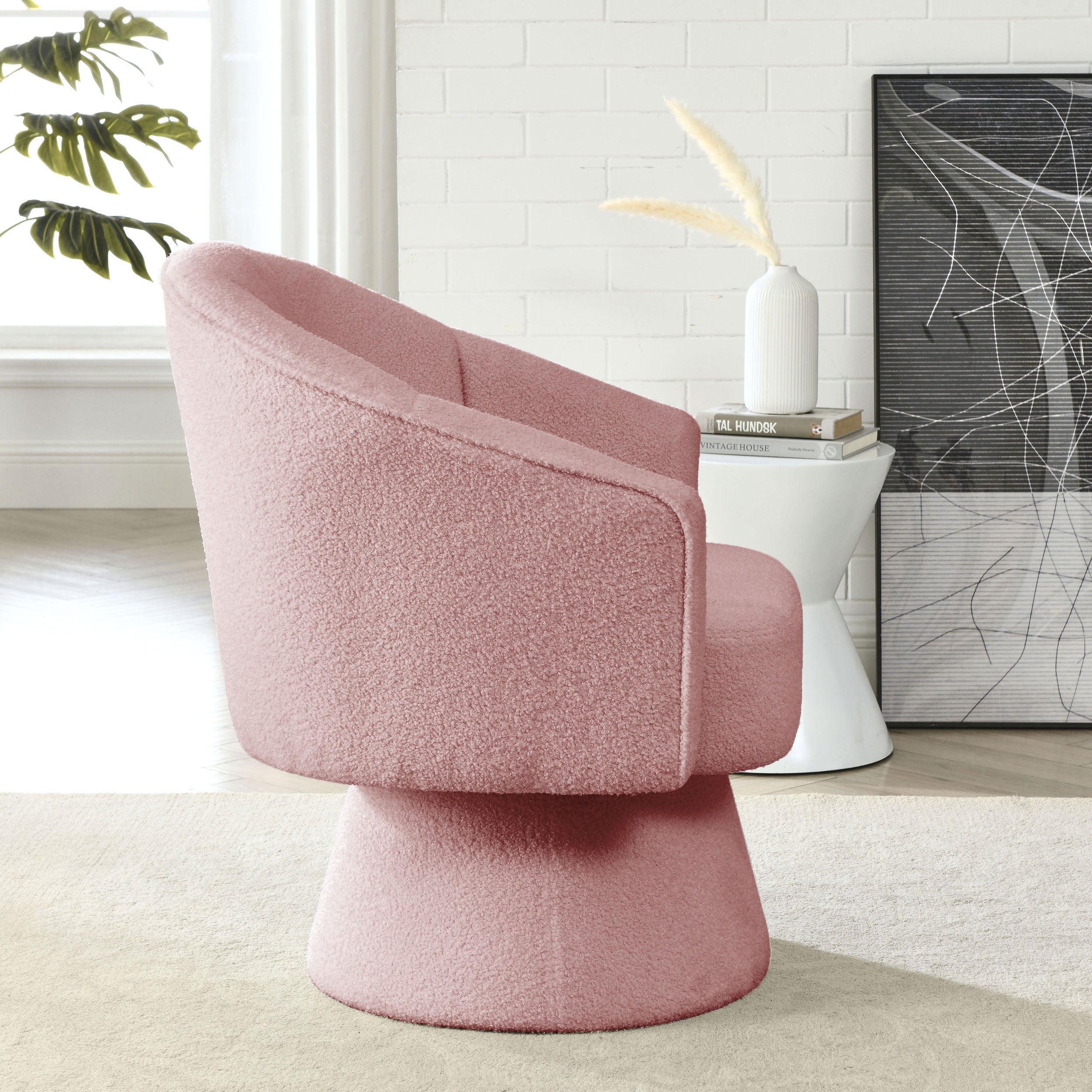 29 "W Petal Modern Contemporary Accent Lounge Swivel Chair with Deep Channel Tufting and Base - Pink Teddy