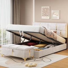 2-Pieces Bedroom Sets: Queen Size Upholstered Platform Bed + Storage Ottoman - Beige