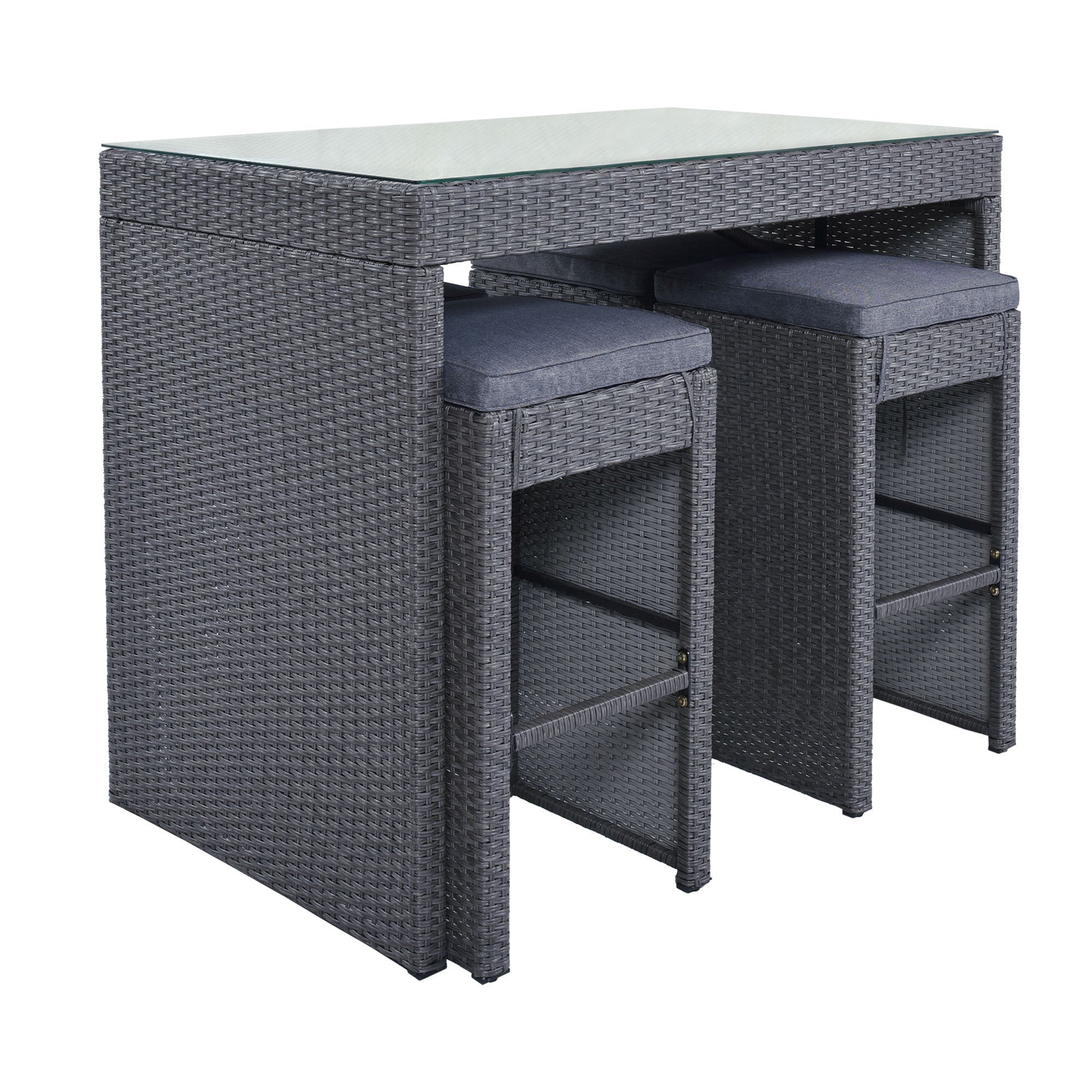 5-piece Rattan Outdoor Patio Furniture Set Bar Dining Table Set with 4 Stools - Gray Cushion + Gray Wicker