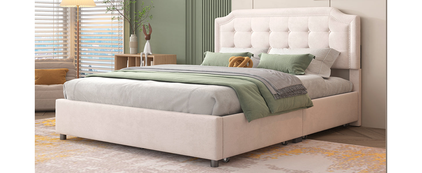 Queen Bed Upholstered Platform with Classic Headboard and 4 Drawers - Beige