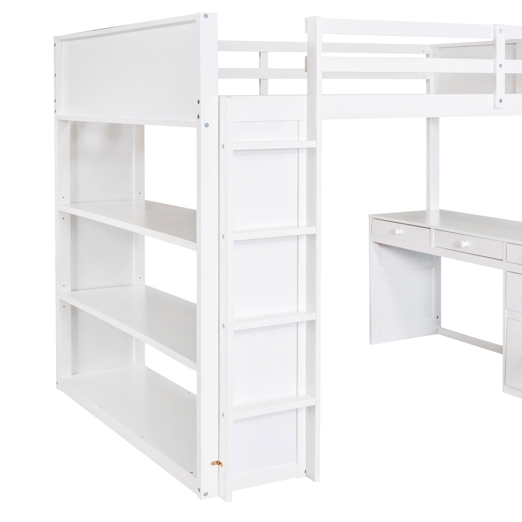 Full Size Loft Bed with Ladder, Shelves and Desk - White
