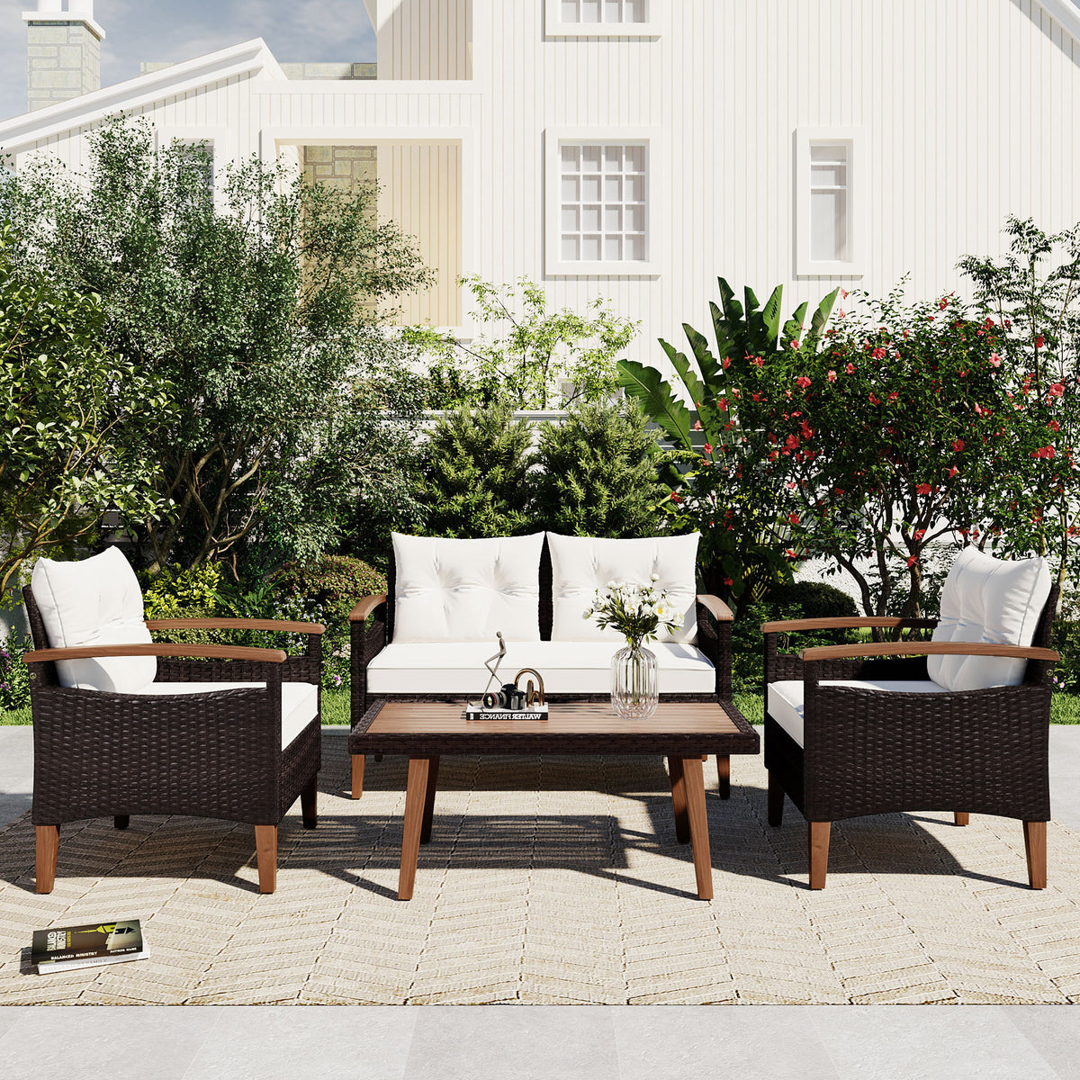 4-Piece Garden Furniture,  Patio Seating Set, PE Rattan Outdoor Sofa Set, Wood Table and Legs - Brown and Beige