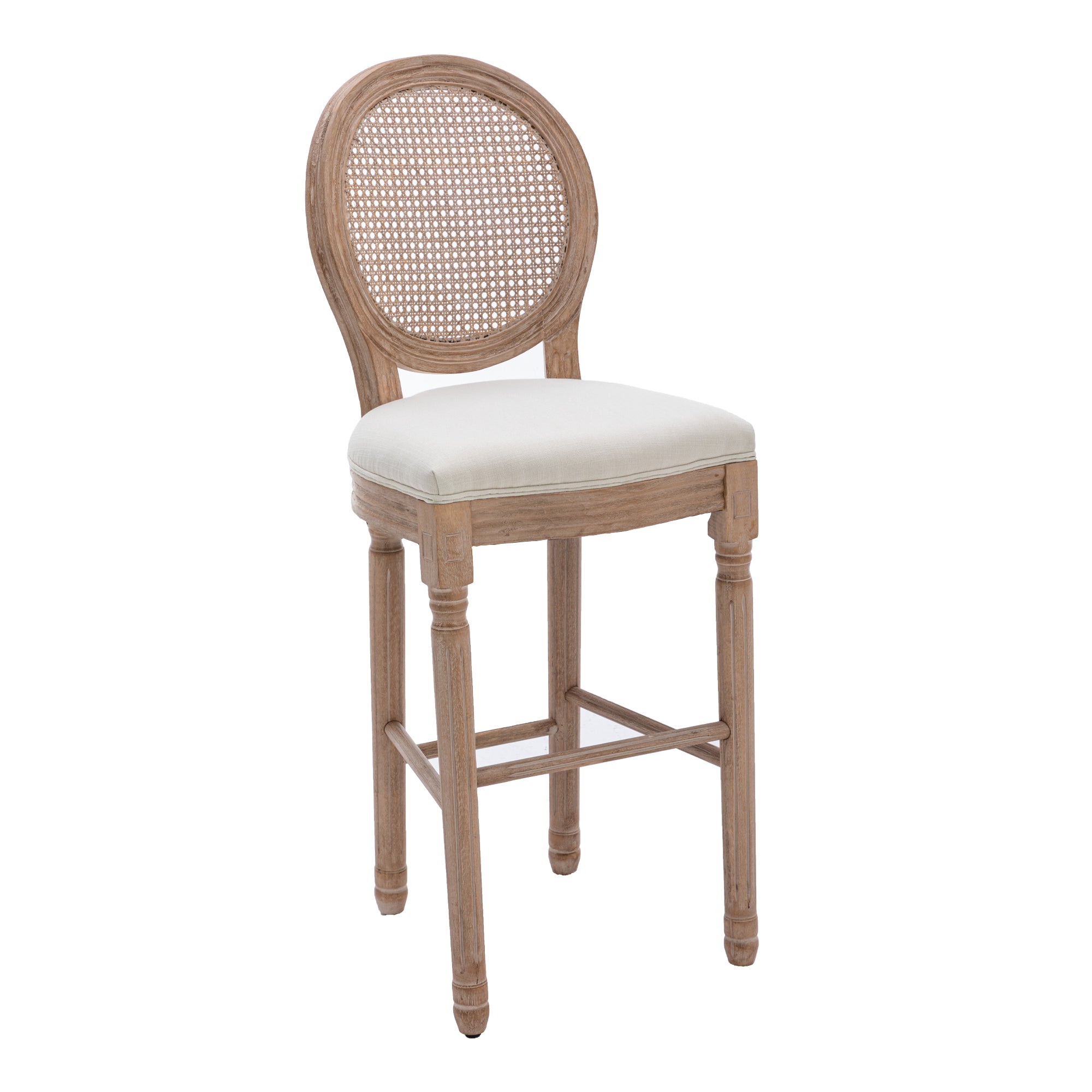 French Country Wooden Barstools Rattan Back With Upholstered Seating (Set of 2) - Beige and Natural