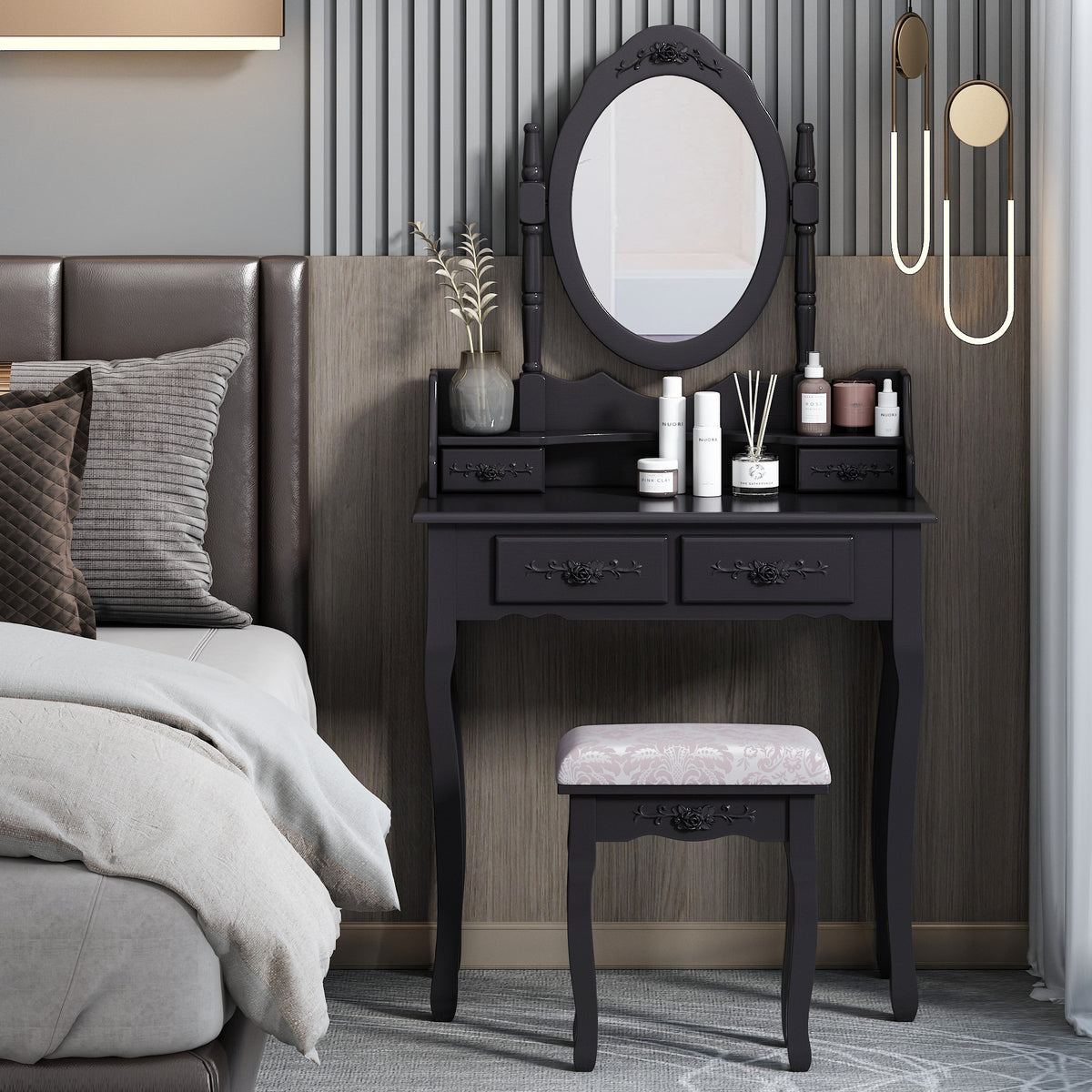 Makeup Vanity Table Dressing Table with 360-degree-rotating Mirror and 4 Drawers, Thick Padded Stool - Black