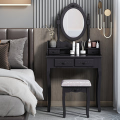 Makeup Vanity Table Dressing Table with 360-degree-rotating Mirror and 4 Drawers, Thick Padded Stool - Black
