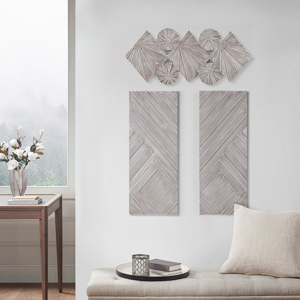 Ash Carved Wood 3 Piece Set Wall Decor - Grey