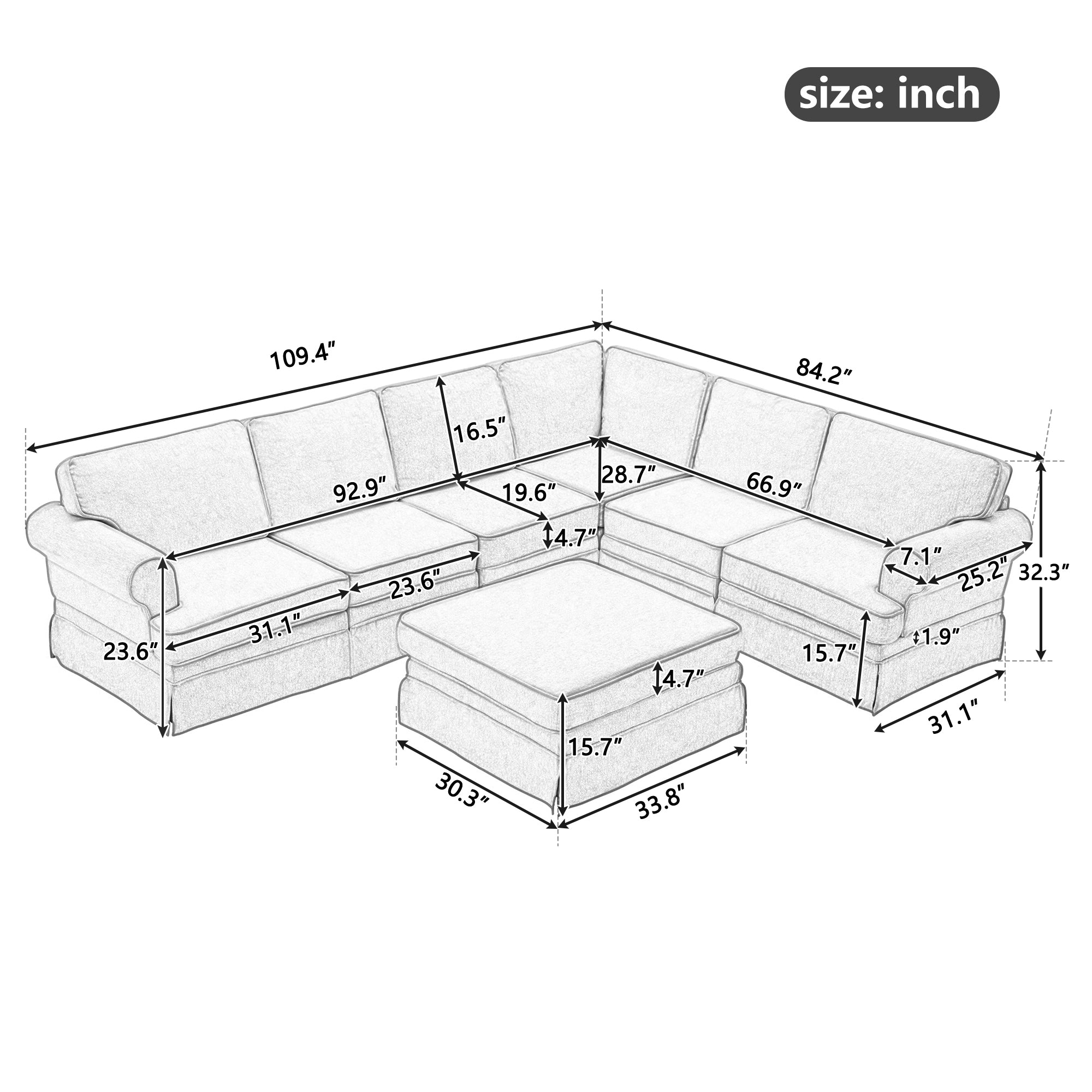 109.4" Fabric Upholstered Modular Sofa Collection, Sectional Couch with removable Ottoman  - Light Beige