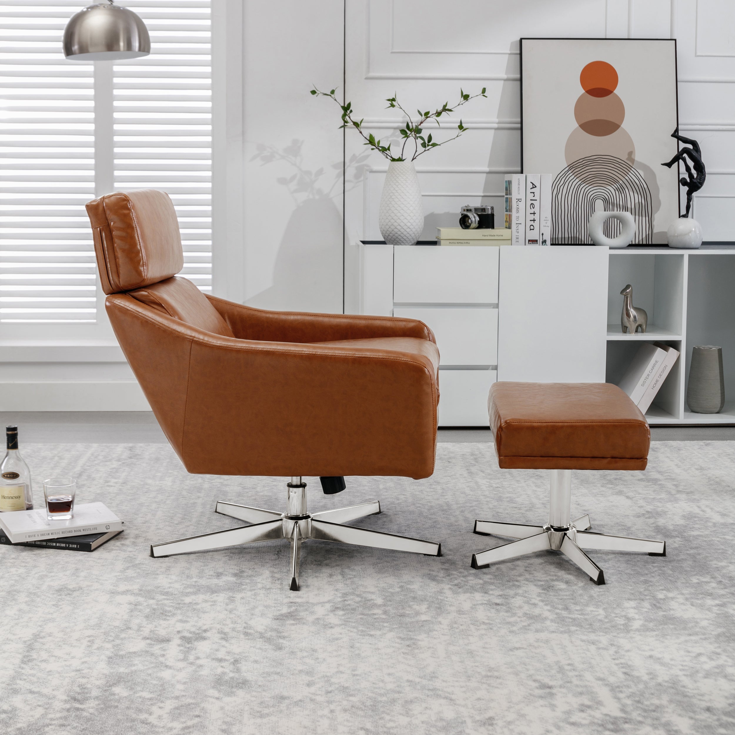 PU Leather Swivel Armchair with Ottoman - Brown