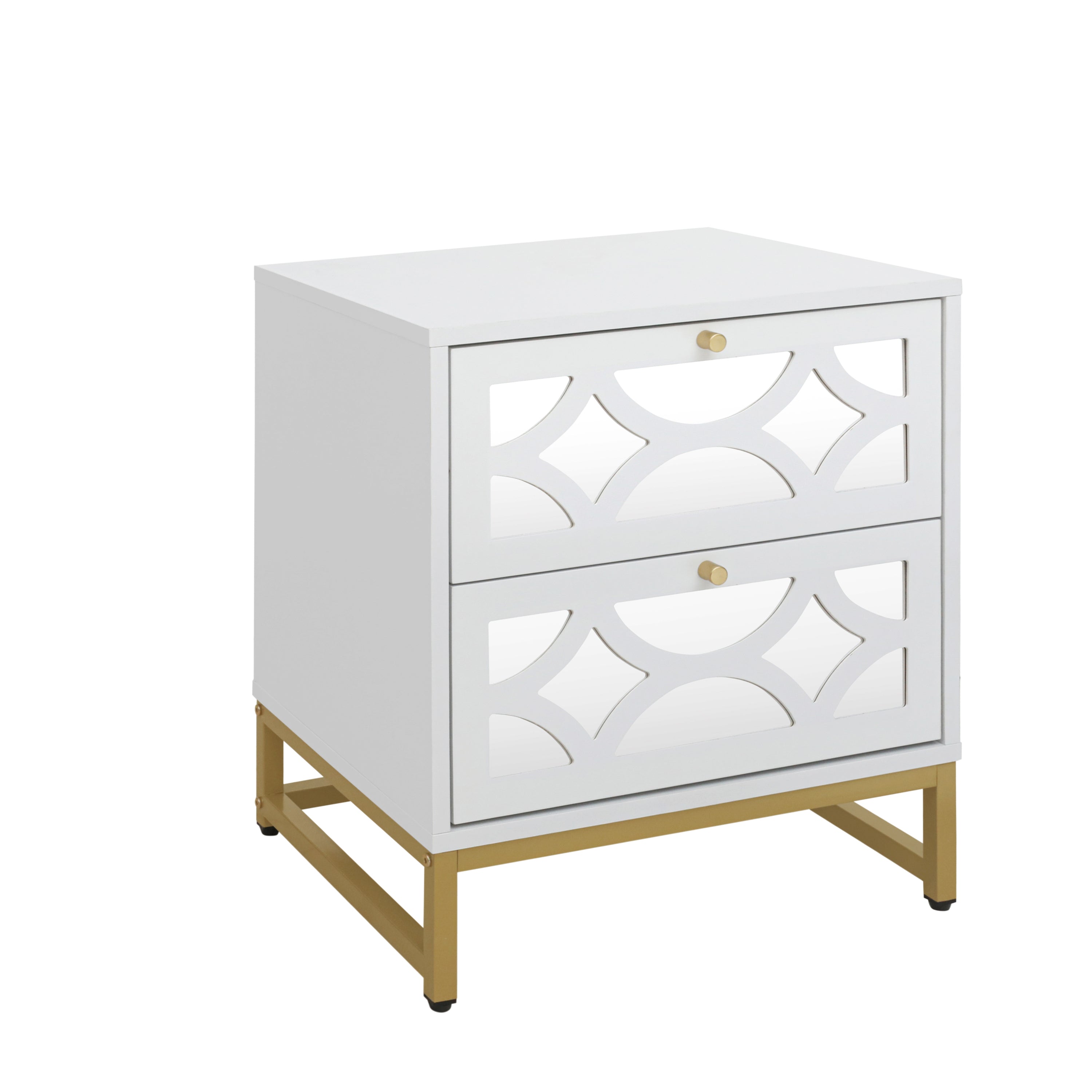Small Bedside Table with 2 Drawers, White Mirrored Nightstand, with Gold Legs
