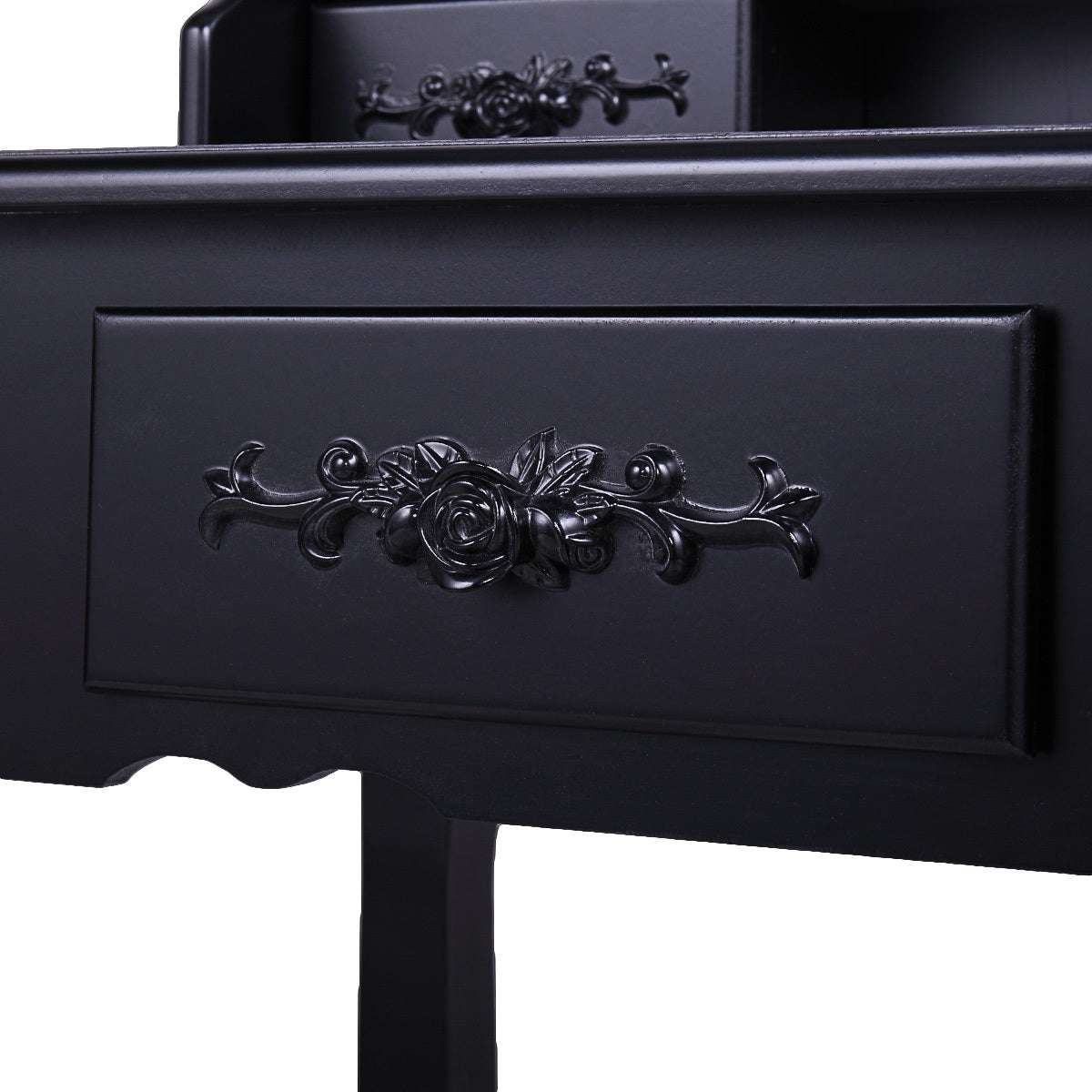 Makeup Vanity Table Dressing Table with 360-degree-rotating Mirror and 4 Drawers, Thick Padded Stool - Black