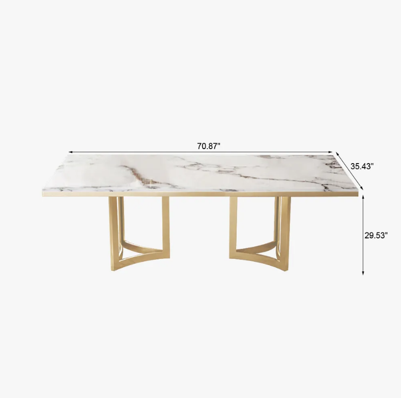Modern Marble Dining Table with Rectangular Tabletop Gold Stainless Legs (chairs not included) - White