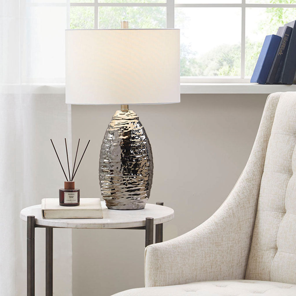 Oval Textured Ceramic Table Lamp - Silver