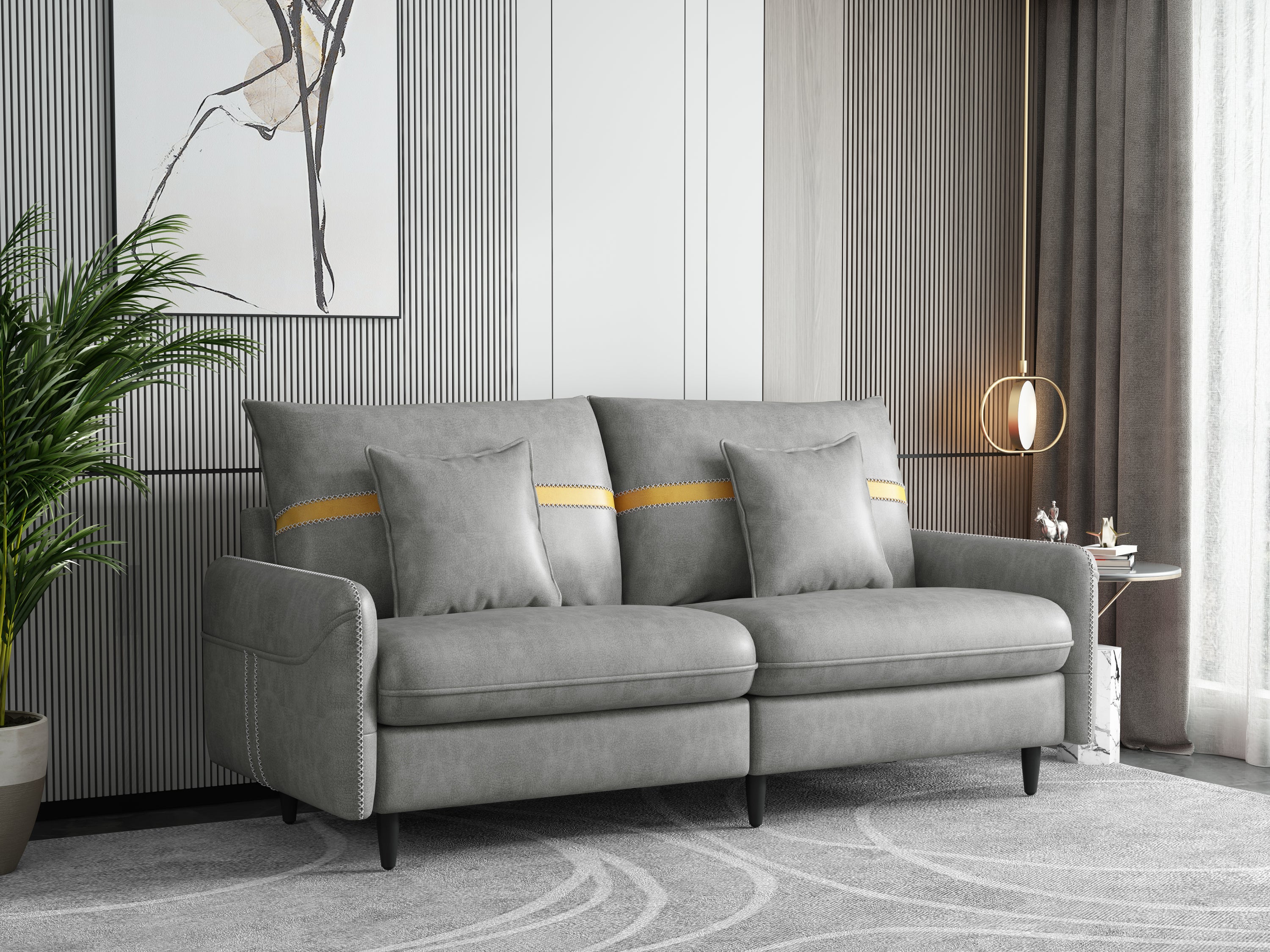 Mid-Century Tufted Love Seat for Living Room, Bedroom, 2 Pillows Included,three-seater sofa - Gray