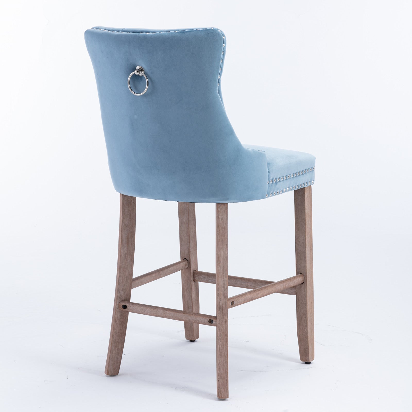 Contemporary Velvet Upholstered Barstools with Button Tufted Decoration and Wooden Legs, and Chrome Nailhead Trim, Bar stools (Set of 2) - Light Blue