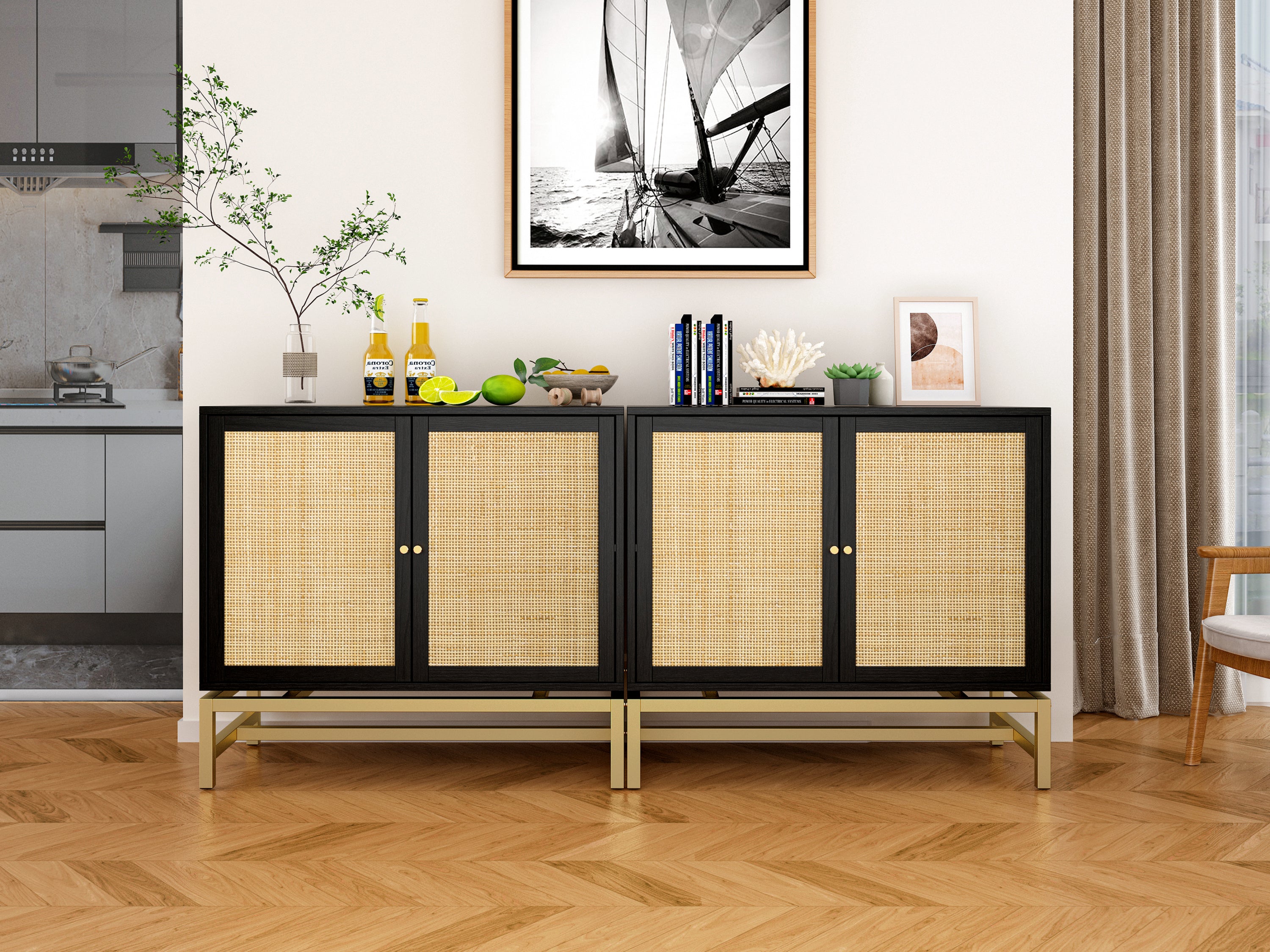 Natural Rattan 2 Door Cabinet - Black
