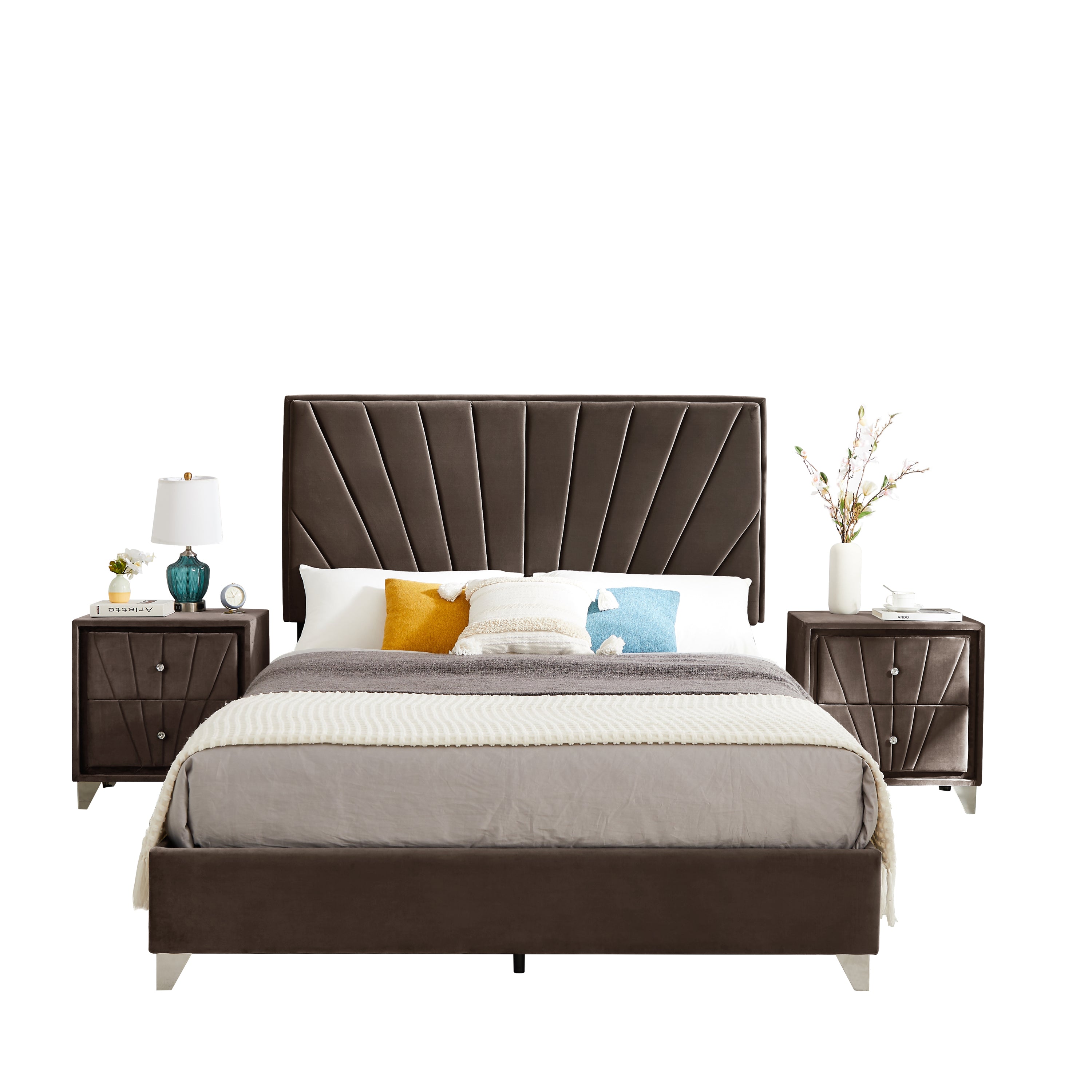 Full Bed + 2 Nightstands w/ Beautiful line stripe cushion headboard - Brown