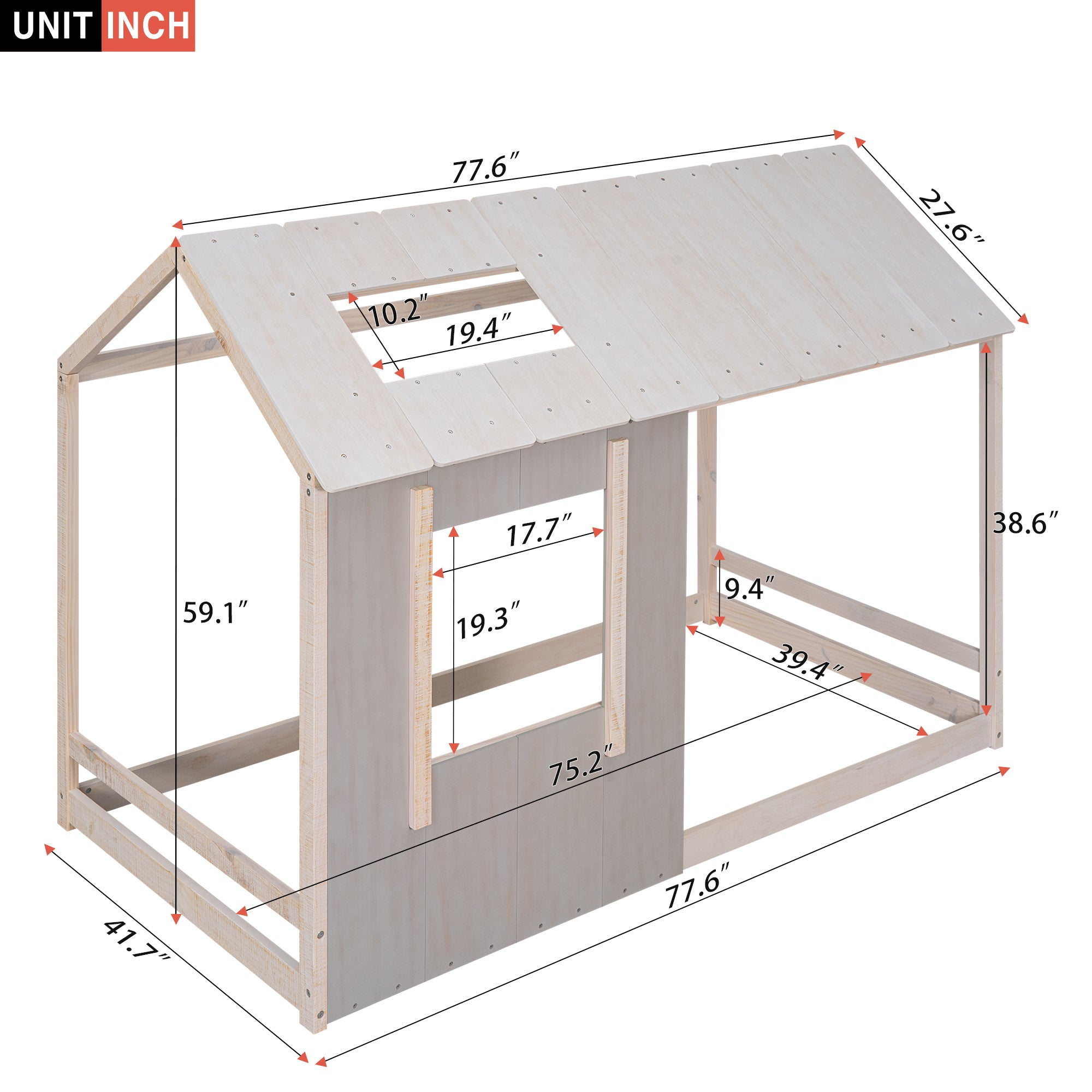 Twin Size House Platform with Roof and Window  - Antique Grey+Antique White