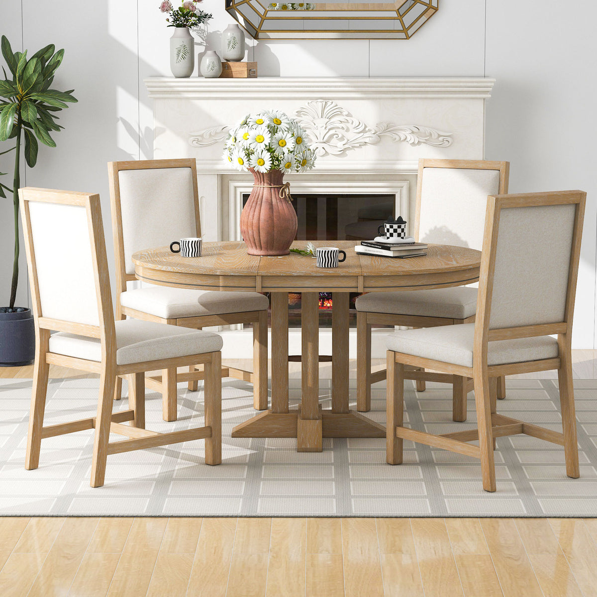 5-Piece Dining Set Extendable Round Table and 4 Chairs Farmhouse Dining Set - Natural Wood Wash