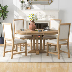 5-Piece Dining Set Extendable Round Table and 4 Chairs Farmhouse Dining Set - Natural Wood Wash