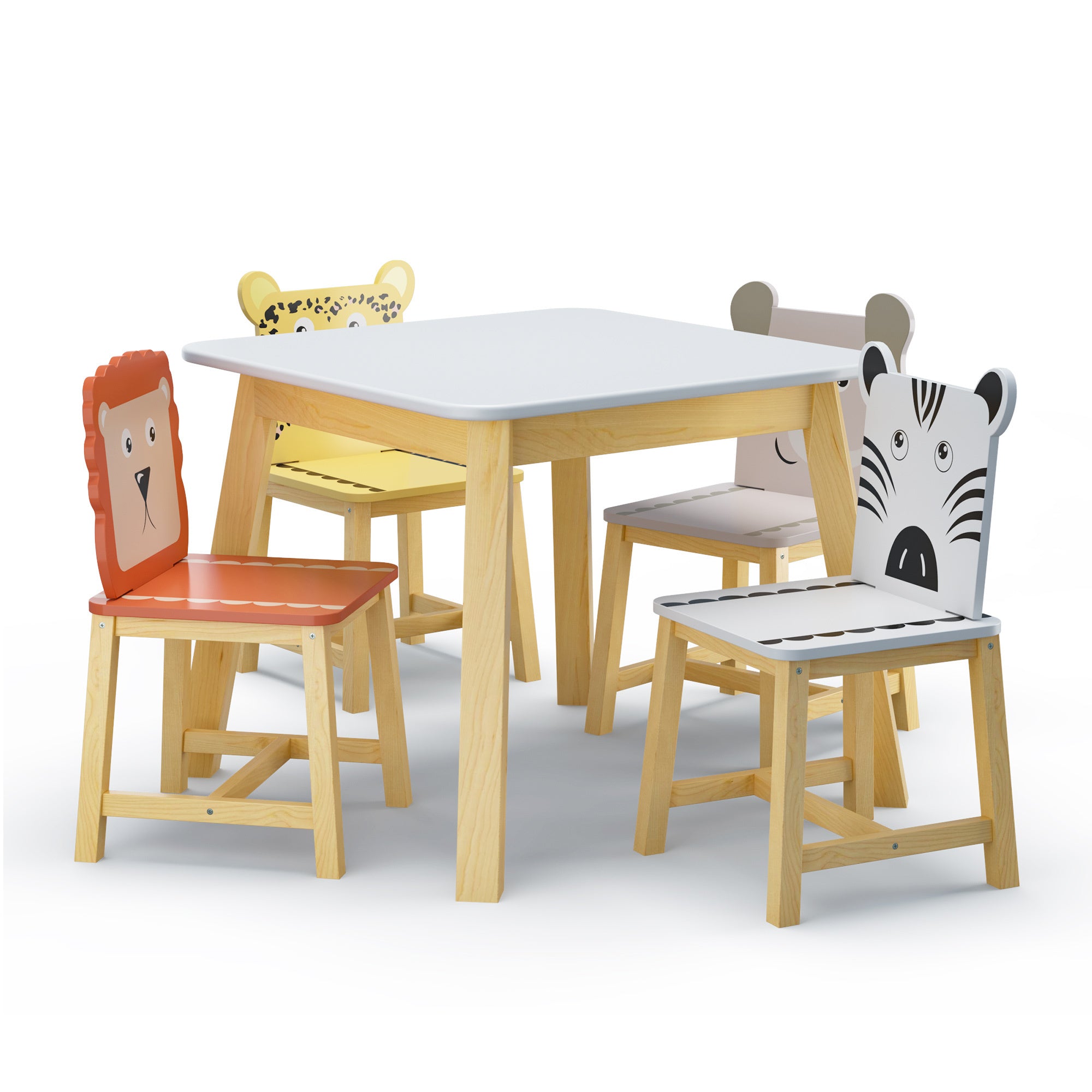 5 Piece Kiddy Table and Chair Set , Kids Wood Table with 4 Chairs Set Cartoon Animals（3-8 years old）