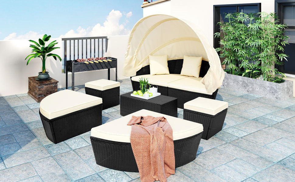 Outdoor Rattan Daybed Sunbed with Retractable Canopy Wicker - Beige