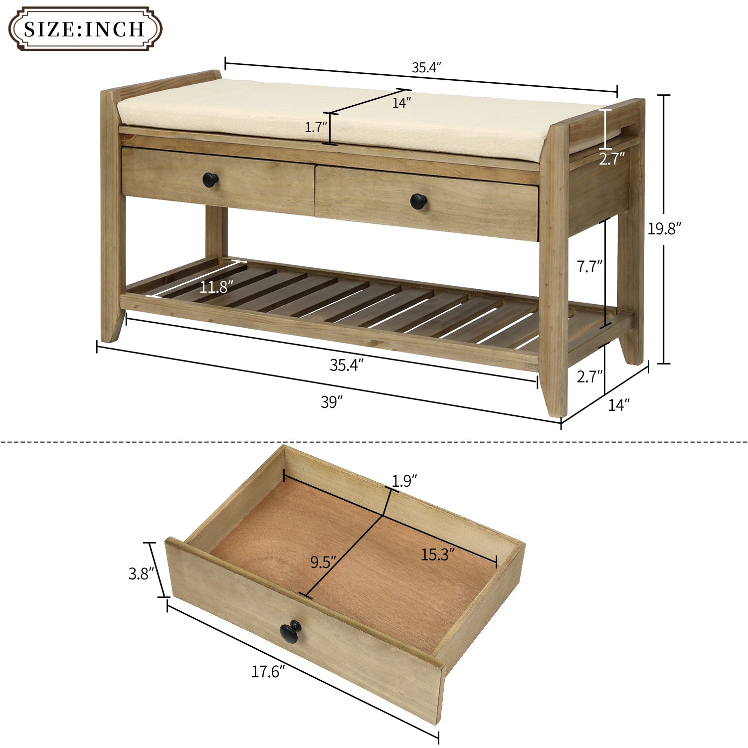 Shoe Rack with Cushioned Seat and Drawers, Multipurpose Entryway Storage Bench - Gray Wash