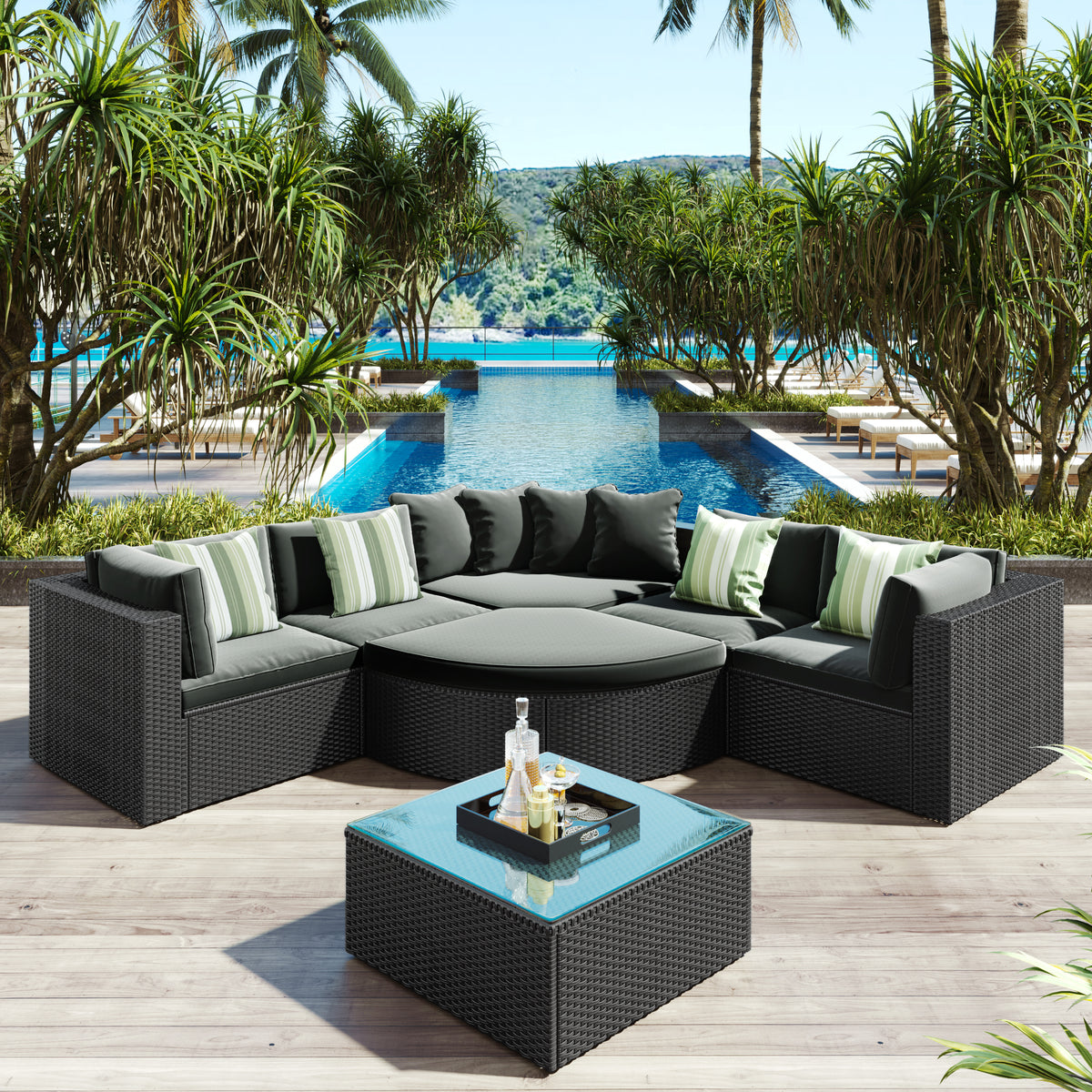 7-piece Outdoor Wicker Sofa Set, Rattan Sofa Lounger, With Striped Green Pillows- Black Wicker + Gray Cushion