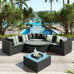 7-piece Outdoor Wicker Sofa Set, Rattan Sofa Lounger, With Striped Green Pillows- Black Wicker + Gray Cushion