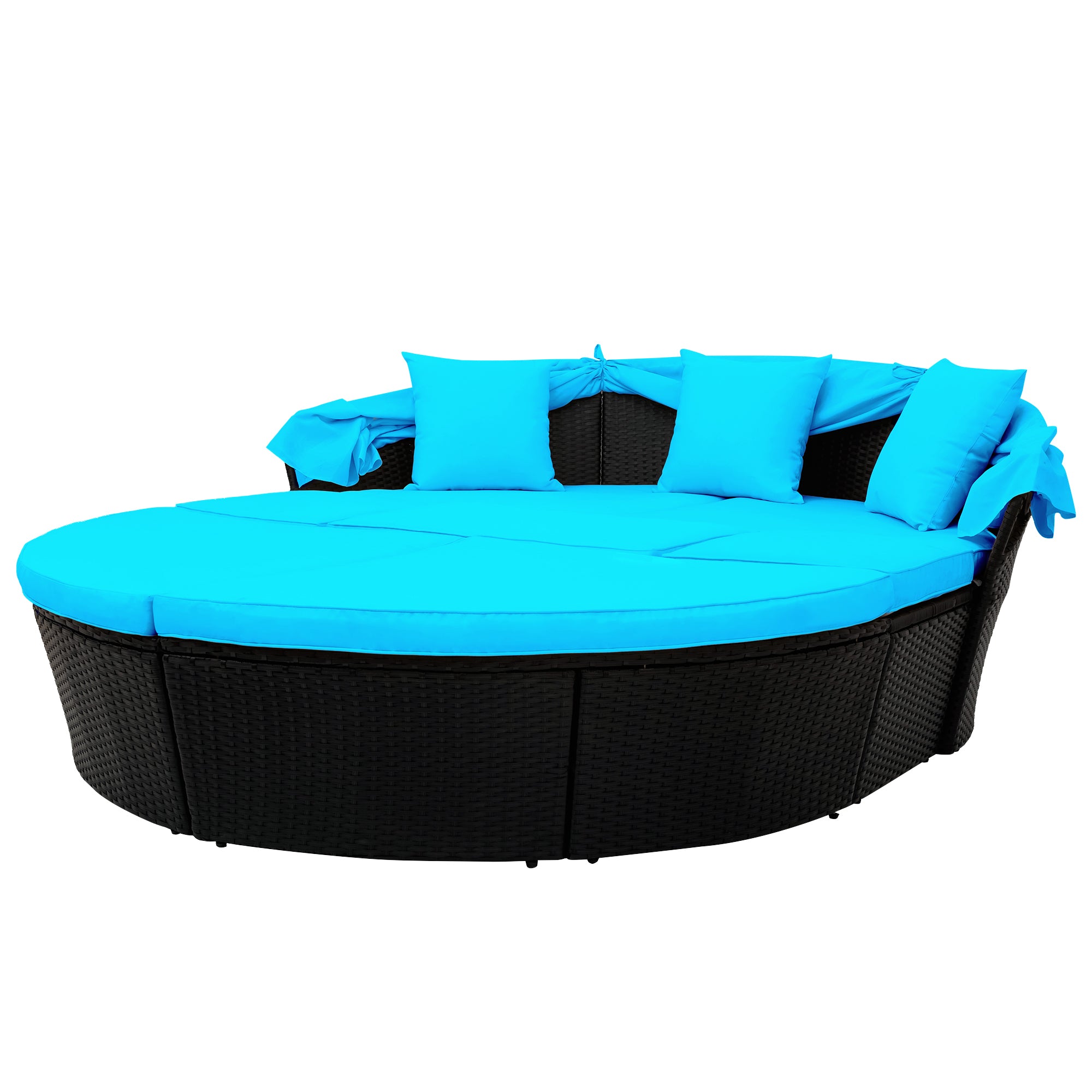 Outdoor rattan daybed sunbed with Retractable Canopy Wicker Furniture, Round Outdoor Sectional Sofa Set, Black Wicker Furniture Clamshell  Seating with Washable Cushions - Blue