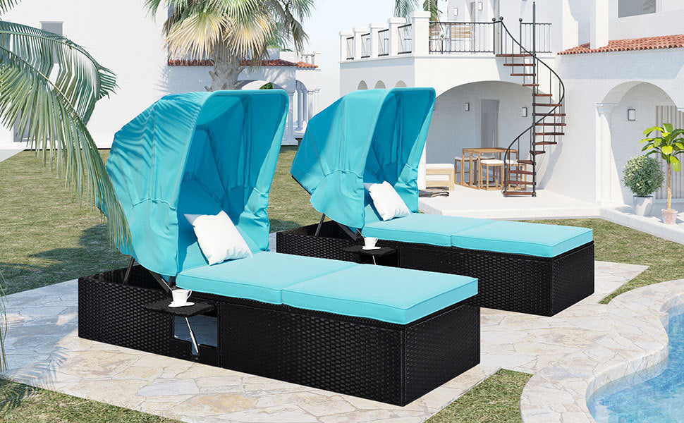 76.8" Long Reclining Single Chaise Lounge with Cushions, Canopy and Cup Table (Set of 2) - Black Wicker + Blue Cushion