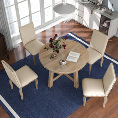 5-Piece Farmhouse Dining Table Set Wood Round Extendable Table and 4 Upholstered Chairs - Natural Wood Wash