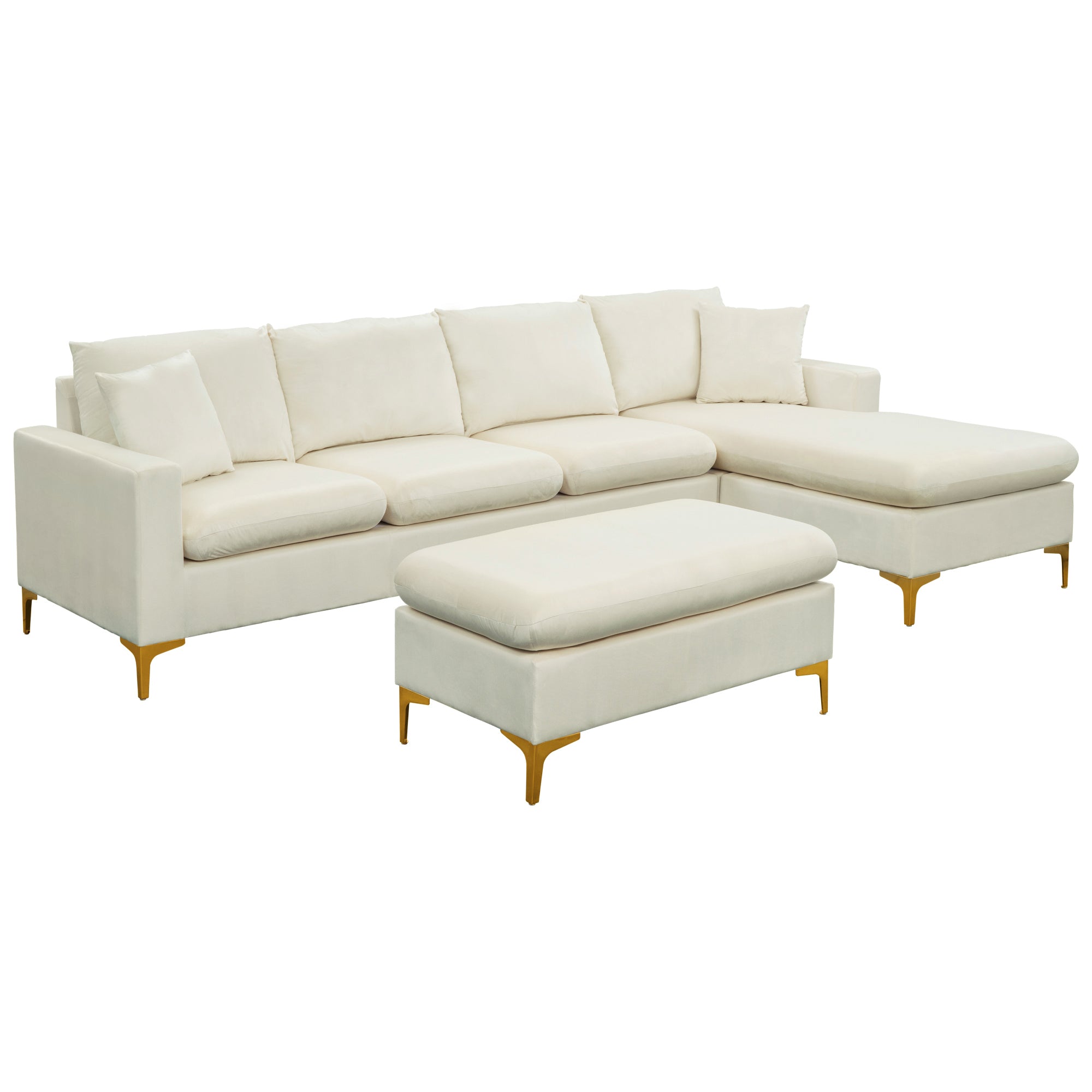 MAICOSY 110.6" Velvet L Shaped Sectional Sofa Bed Couches Chaise Ottoman Pillows, Cream White