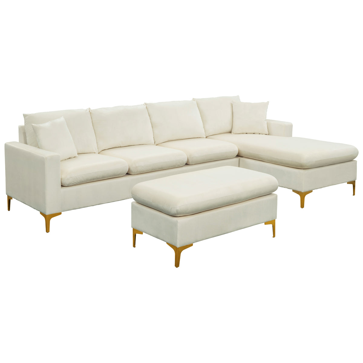 MAICOSY 110.6" Velvet L Shaped Sectional Sofa Bed Couches Chaise Ottoman Pillows, Cream White