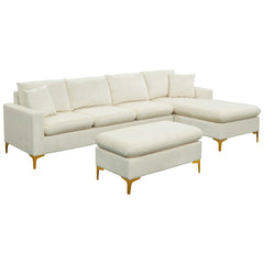 MAICOSY 110.6" Velvet L Shaped Sectional Sofa Bed Couches Chaise Ottoman Pillows, Cream White