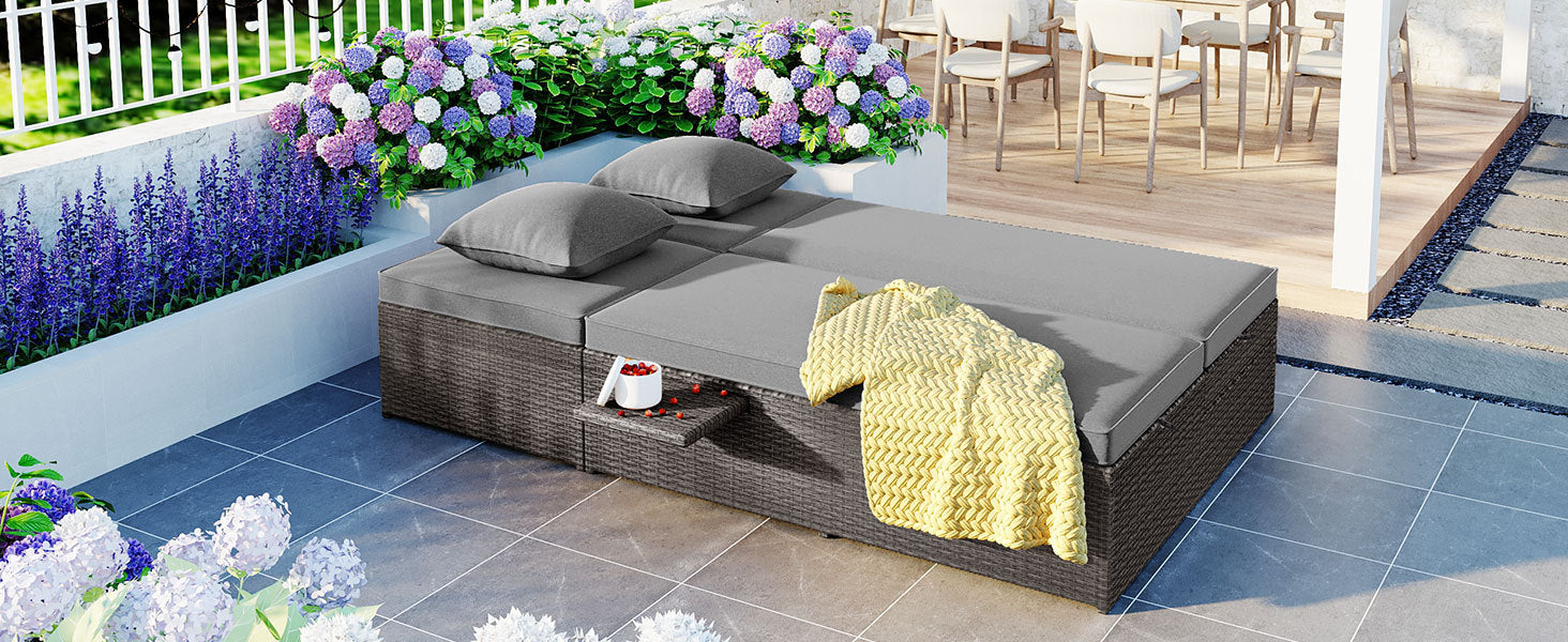 Outdoor Double Sun bed, Wicker Rattan Patio Reclining Chairs with Adjustable Backrest and Seat, Conversational Set for 2 Person - Gray