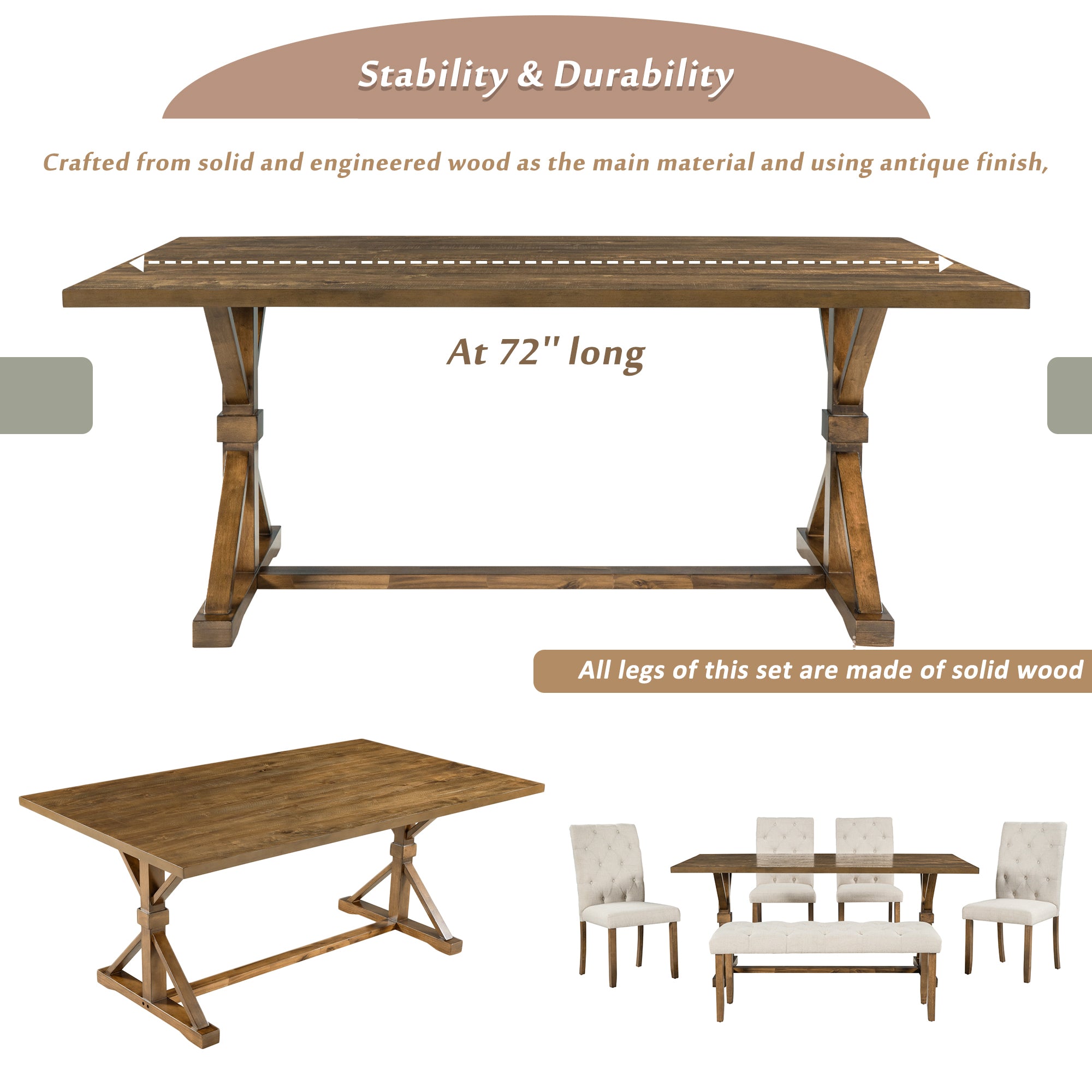6-Piece Farmhouse Dining Table Set 72" Wood Rectangular Table, 4 Upholstered Chairs with Bench - Walnut