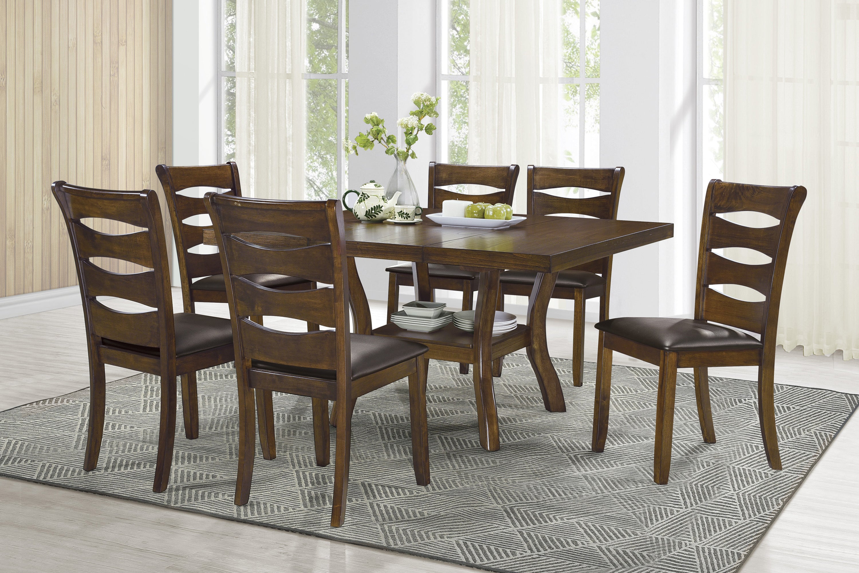 Brown Finish Dining Table with Lower Display Shelf and Extension Leaf Mindy Veneer Wood Dining Room Furniture