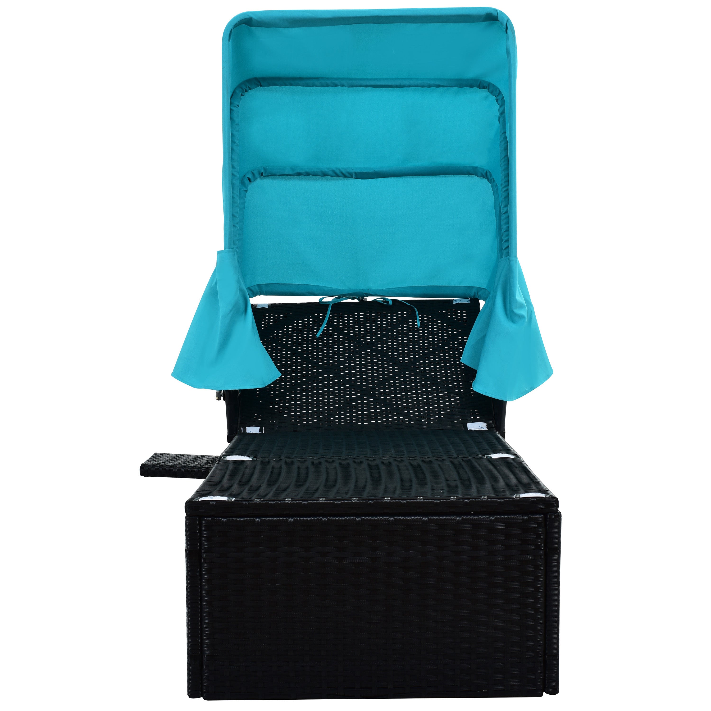 76.8" Long Reclining Single Chaise Lounge with Cushions, Canopy and Cup Table (Set of 2) - Black Wicker + Blue Cushion