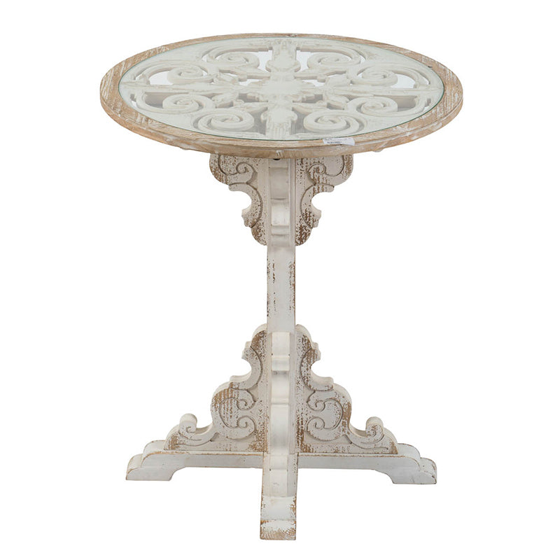 Round Wooden Carved Table - Distressed White Finish Design 24x28.5"
