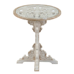 Round Wooden Carved Table - Distressed White Finish Design 24x28.5"