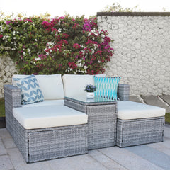 5 Pieces Outdoor Patio Wicker Sofa Set Grey Rattan and Beige Cushion with Weather Protecting Cover