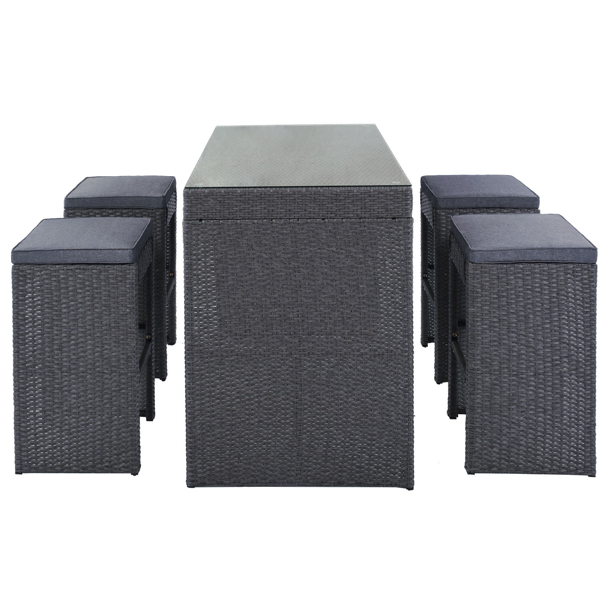 5-piece Rattan Outdoor Patio Furniture Set Bar Dining Table Set with 4 Stools - Gray Cushion + Gray Wicker