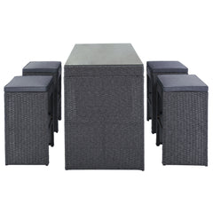 5-piece Rattan Outdoor Patio Furniture Set Bar Dining Table Set with 4 Stools - Gray Cushion + Gray Wicker