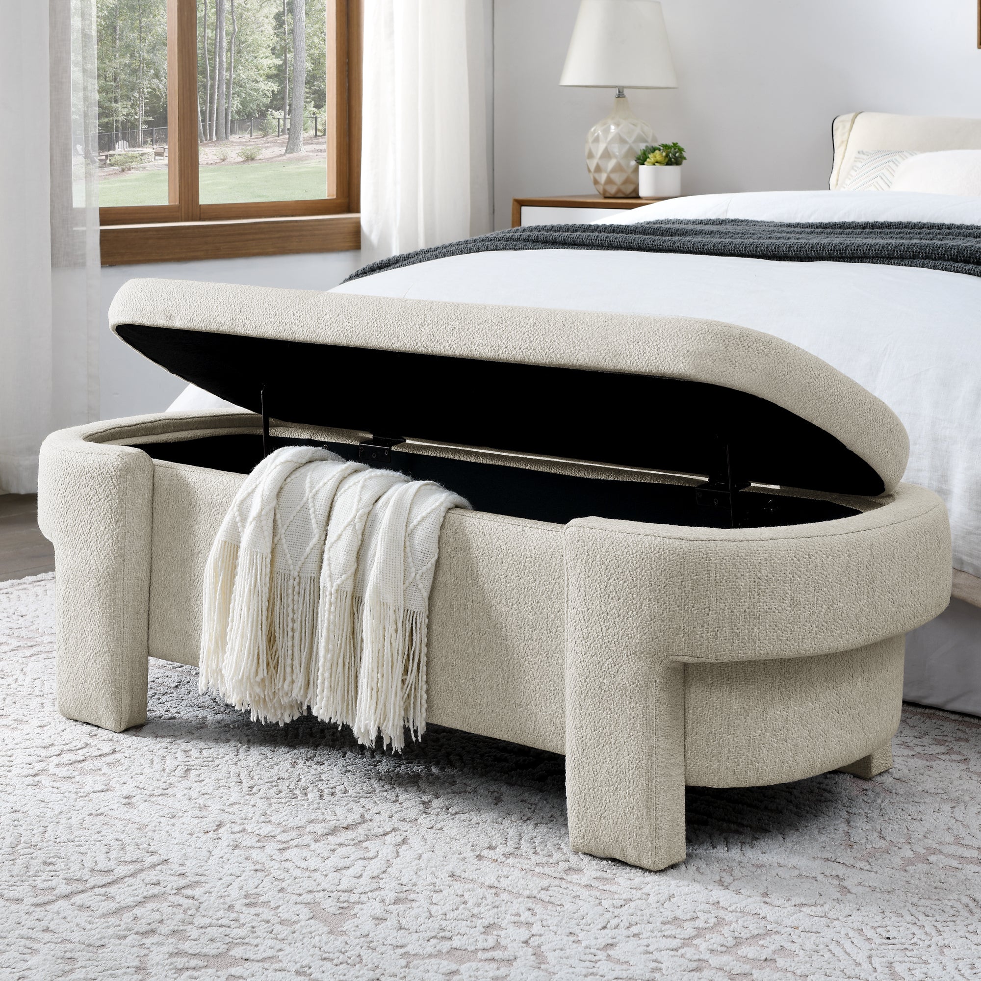 Linen Fabric Upholstered Bench with Large Storage Space - Beige