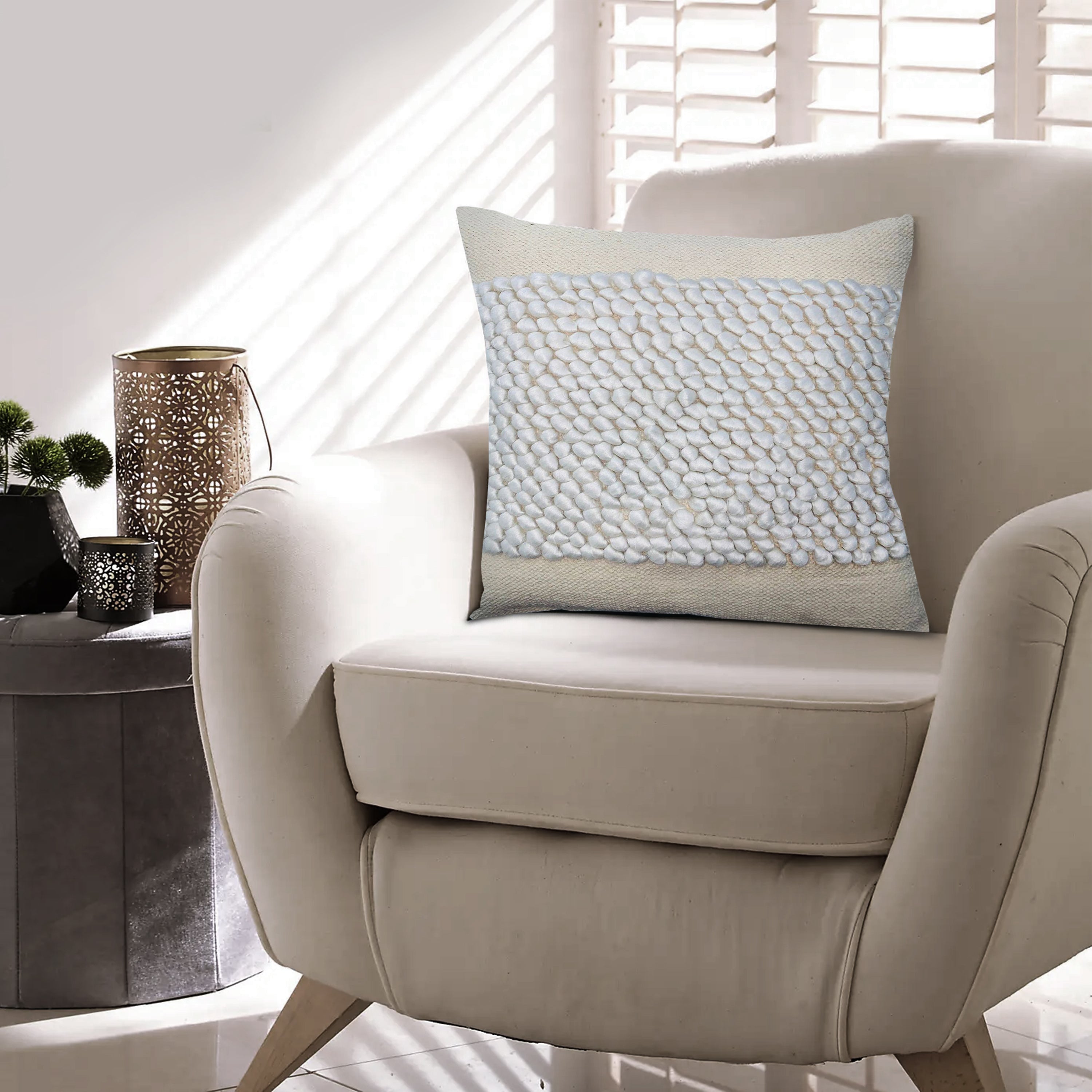 20x20" Square Cotton Accent Throw Pillow, Soft Banded Braided Patchwork - White, Cream