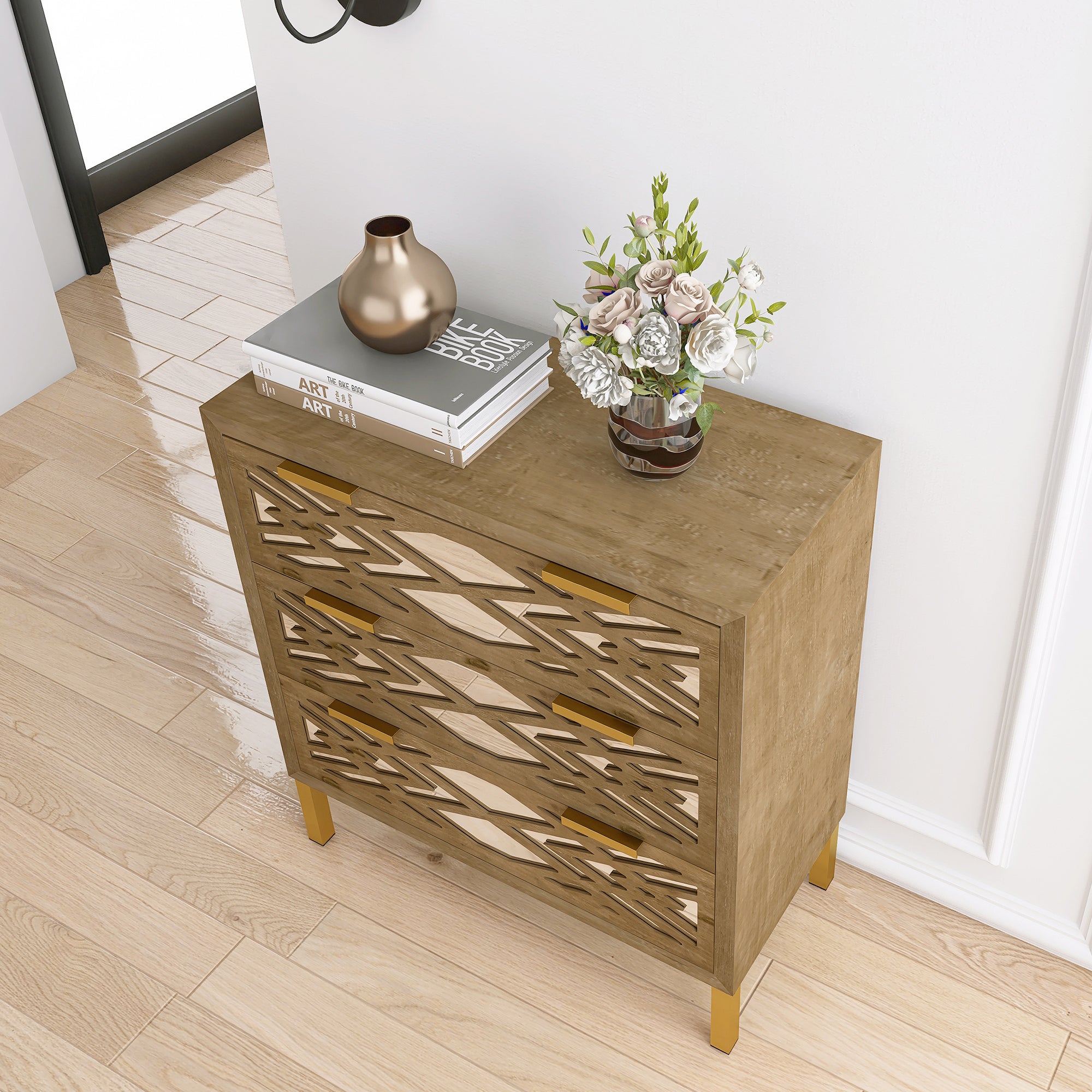Wooden Storage Cabinet with 3 Drawers, Vintage Mirrored Cabinet - Natural